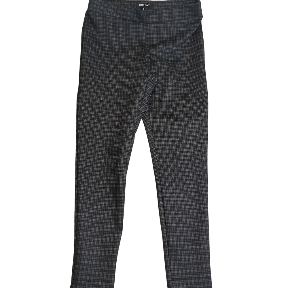 Ellen Tracy Plaid Pull On Pants Womens Size M Gray Excellent Stretch Slim Leg